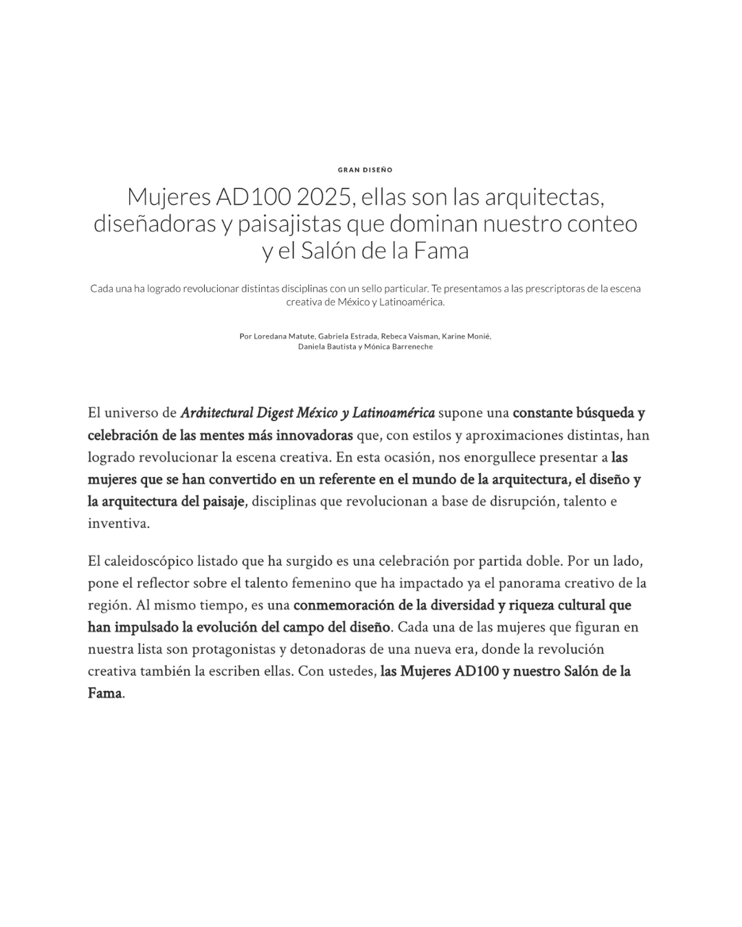 Mujeres AD100 2025, ellas son las arquitectas, diseñadoras y paisajistas que dominan nuestro conteo y el Salón de la Fama